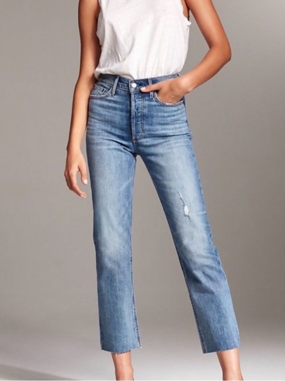 Denim Forum Arlo High Rise Straight Ankle Raw Hem